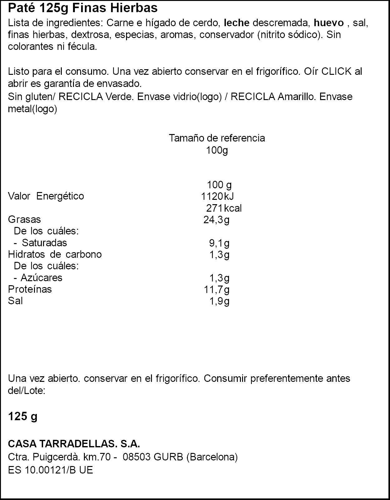 Paté hígado de cerdo finas hierbas Casa Tarradellas 125g