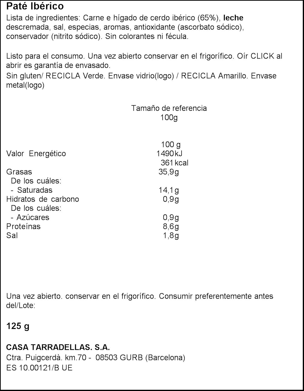 Paté hígado de cerdo ibérico Casa Tarradellas 125g