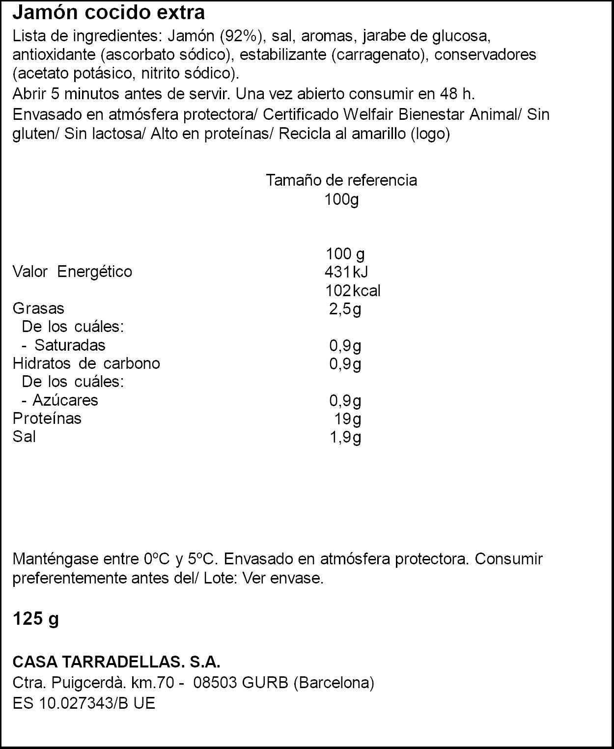 Jamón cocido finas lonchas Casa tarradellas 125g