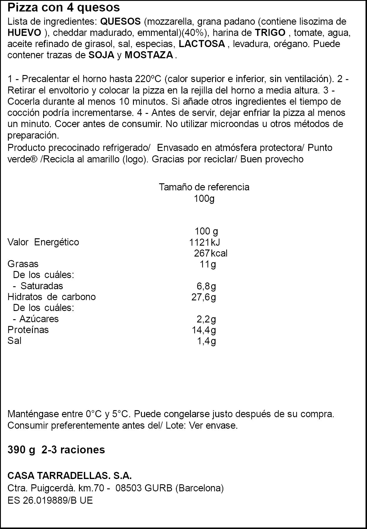 Pizza fresca 4 quesos Casa Tarradellas 390g