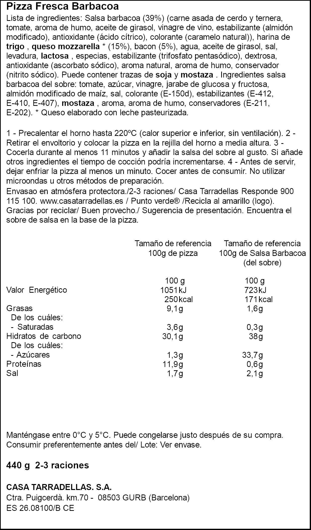 Pizza fresca barbacoa Casa Tarradellas 440g