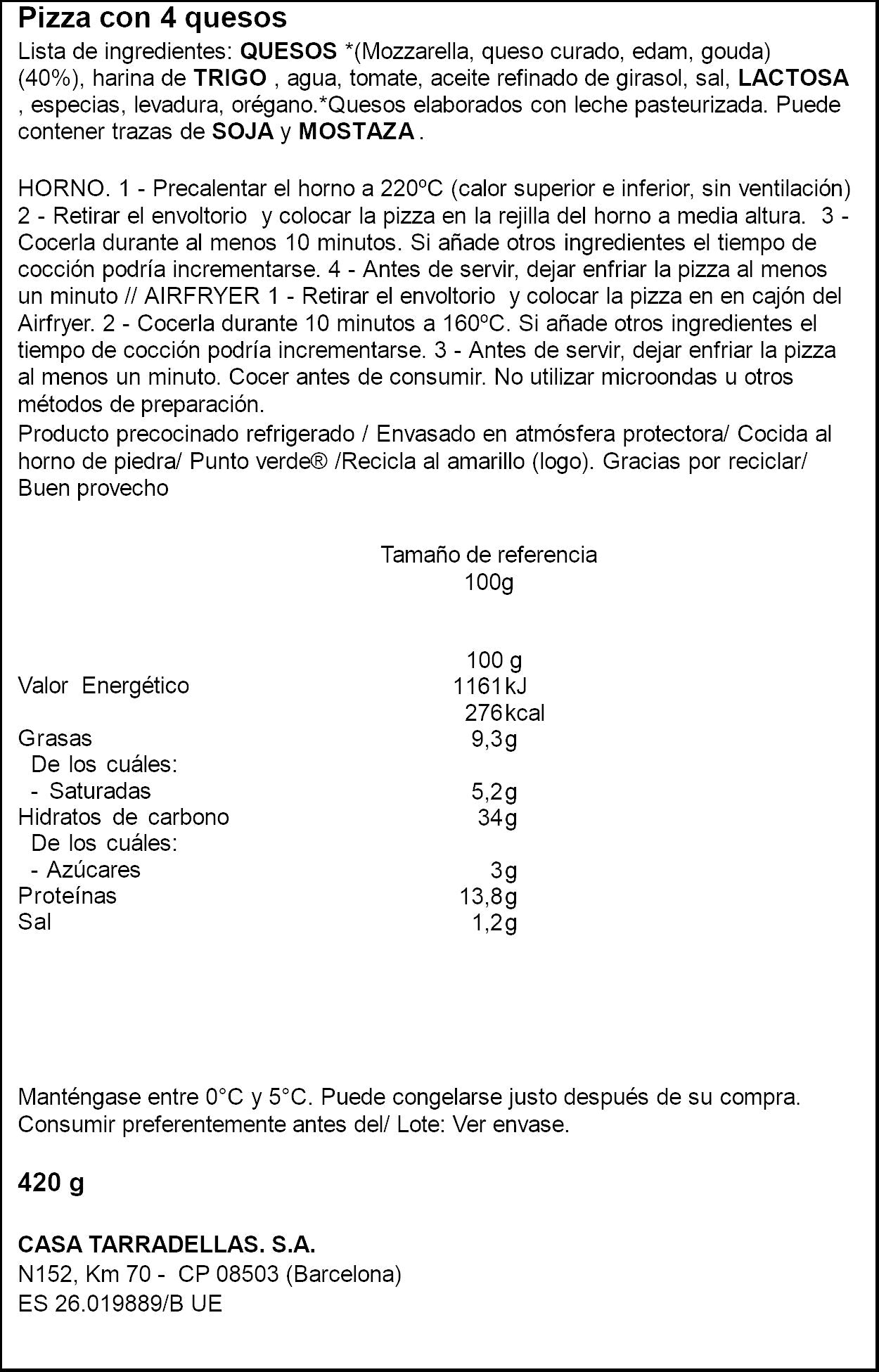 Pizza 4 quesos Tarradellas p2 210g/u