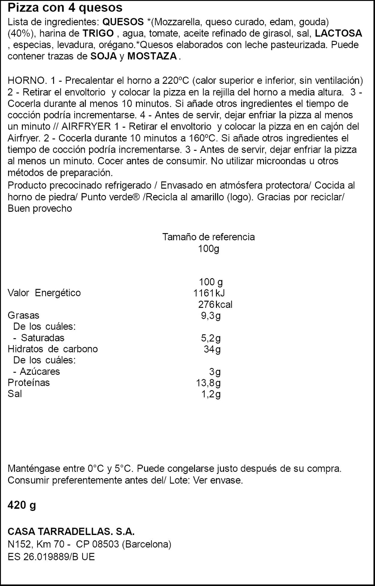 Pizza 4 quesos Tarradellas p2 210g/u