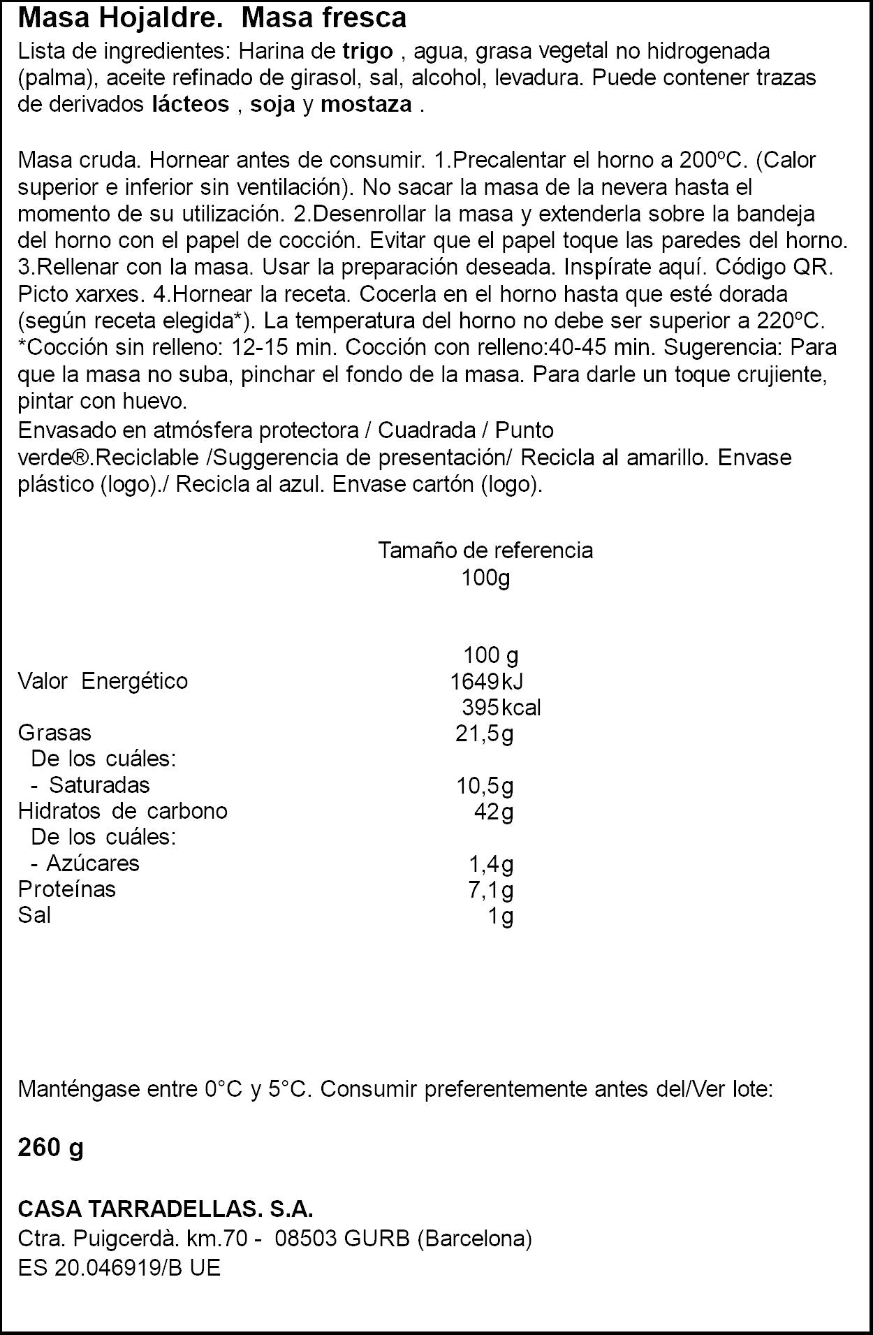 Masa hojaldre fresca Casa Tarradellas 260g