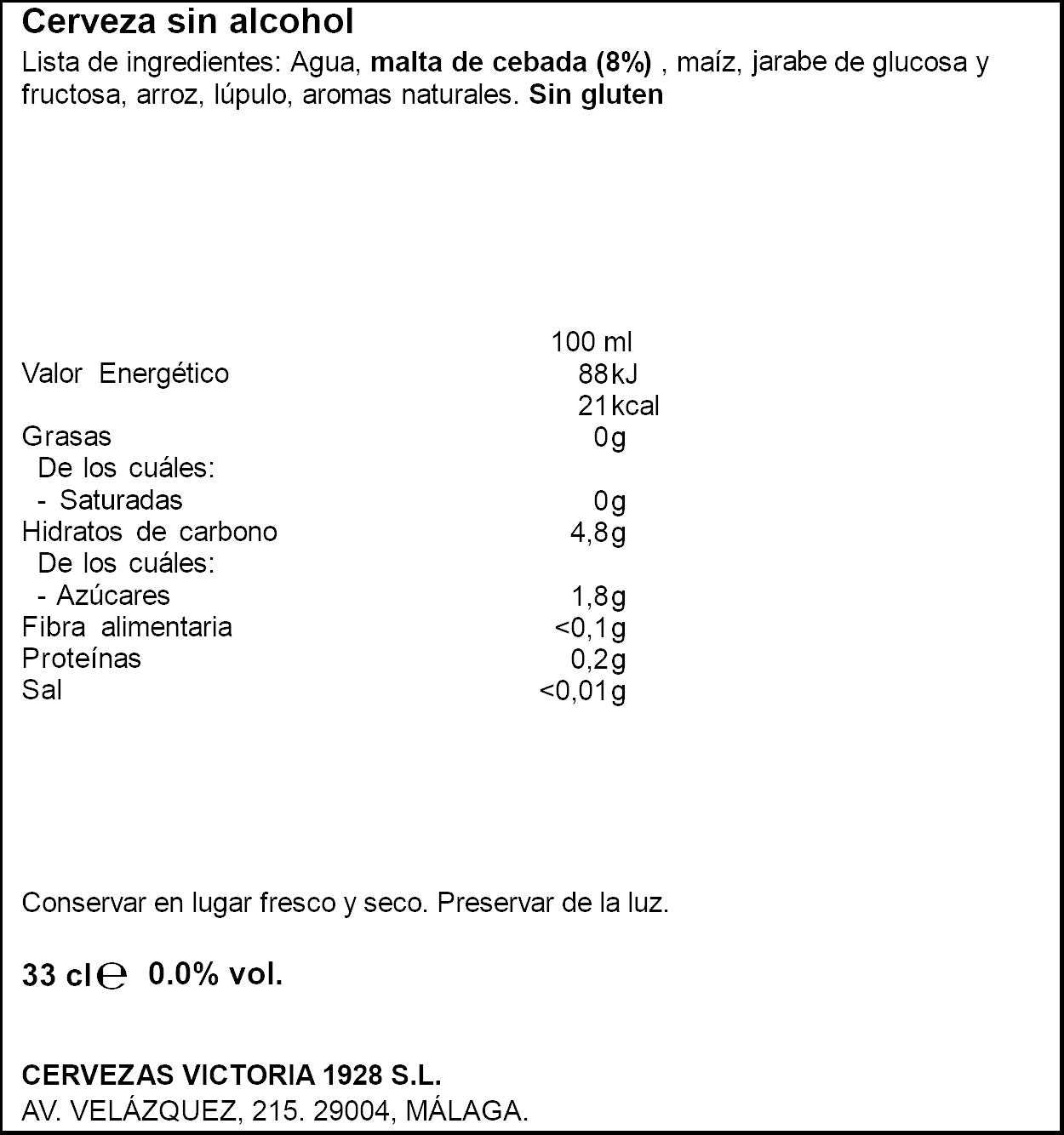 Cerveza 0.0 s/alcohol tostada lata Victoria 330ml