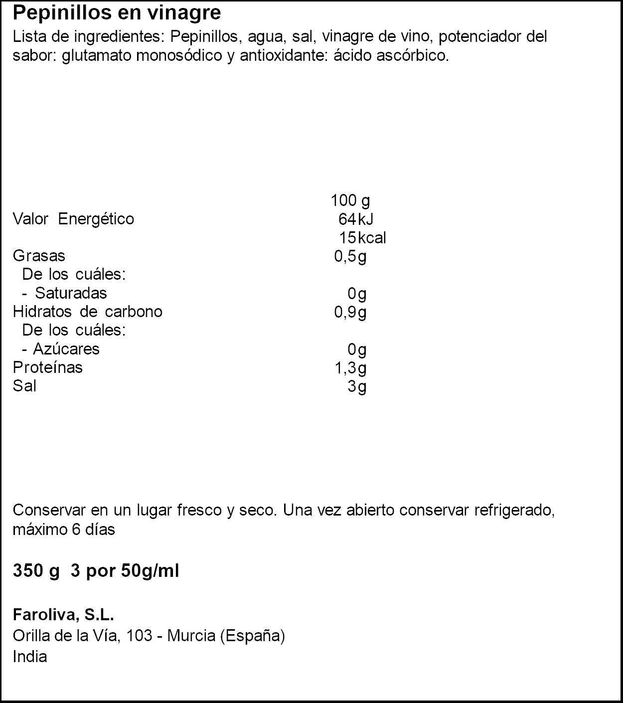 Pepinillo en vinagre cristal el Faro 200g escurr