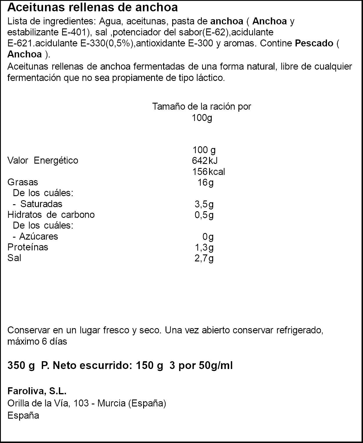 Aceitunas r/anchoa gigant Faro 370ml escurr
