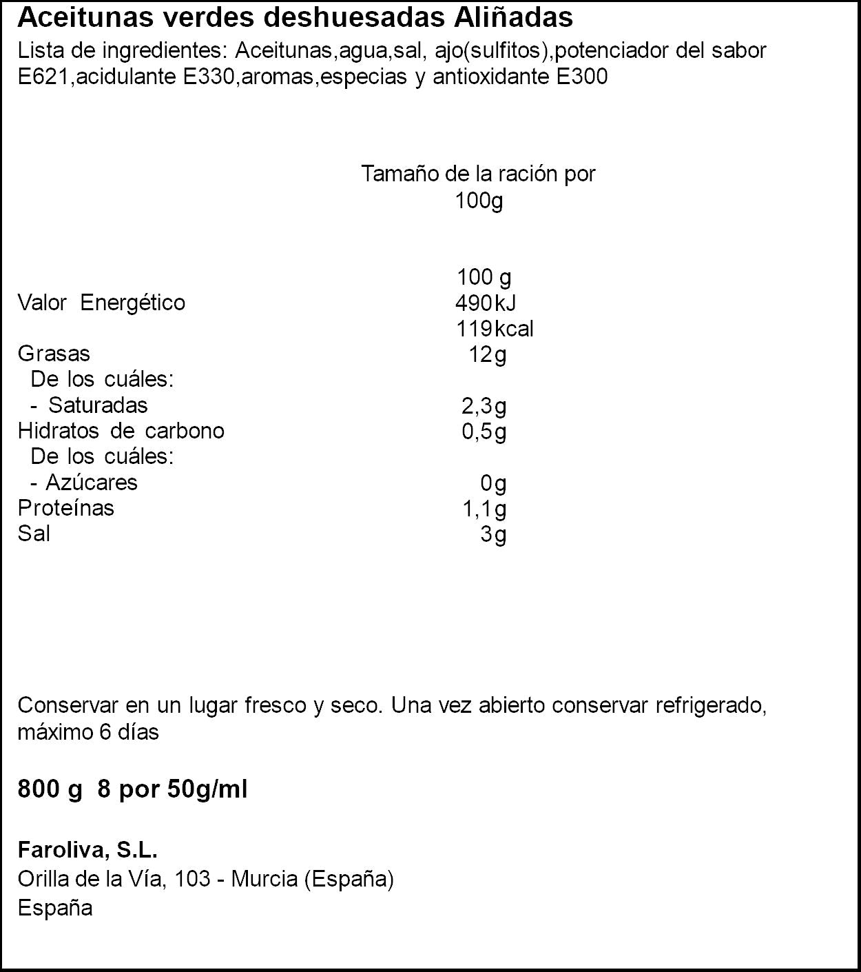 Aceituna gordal aliñada deshuesada Faro 400g escurr