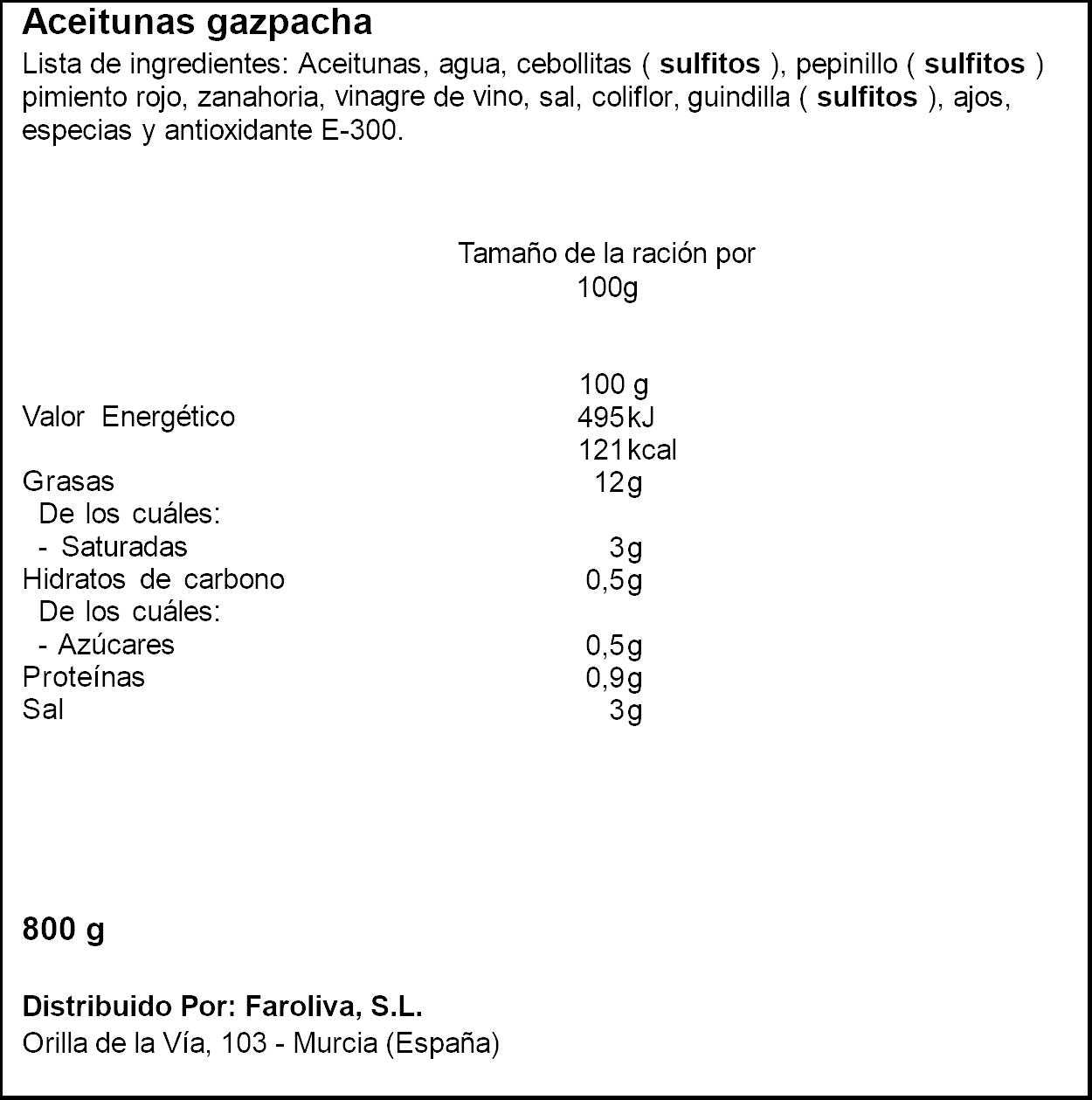 Aceitunas gazpachas cristal El Faro 500g escurr