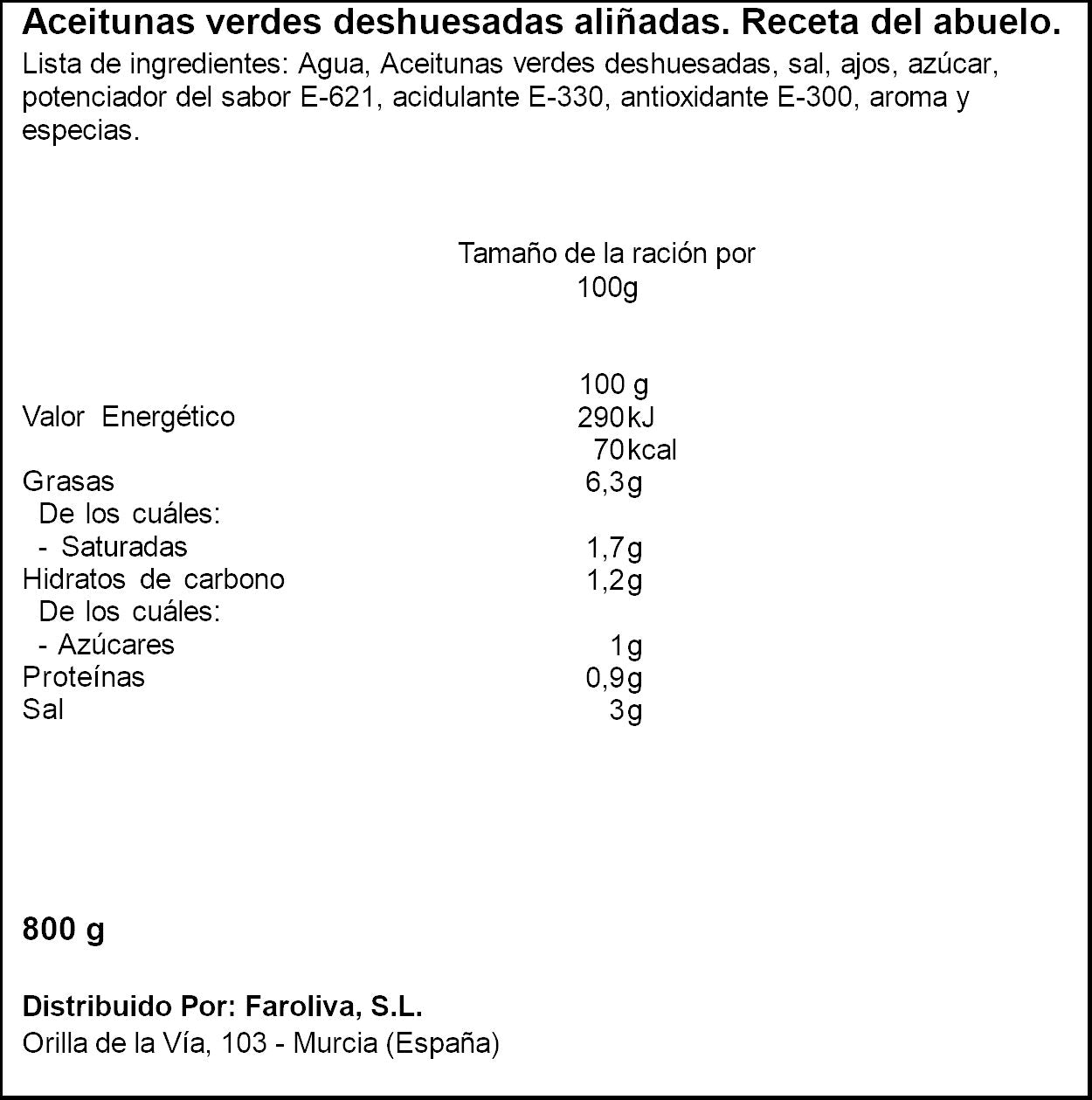 Aceitunas gordal receta abuelo cristal El Faro 400g escurr