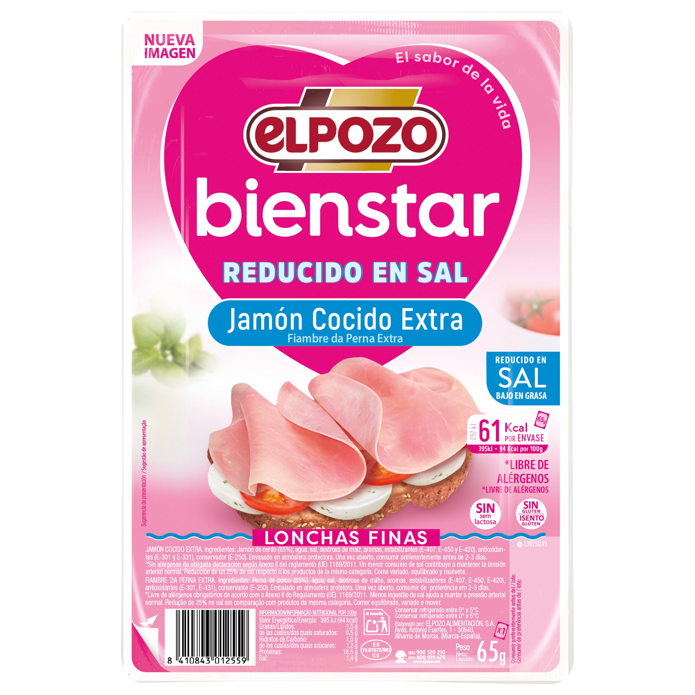 Jamón cocido bajo grasa r/sal lonchas El pozo 65g