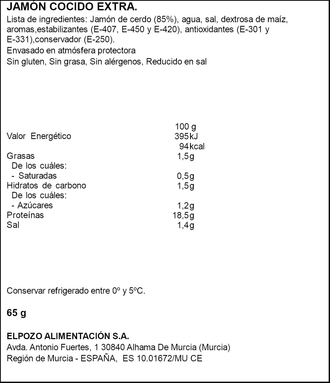 Jamón cocido bajo grasa r/sal lonchas El pozo 65g