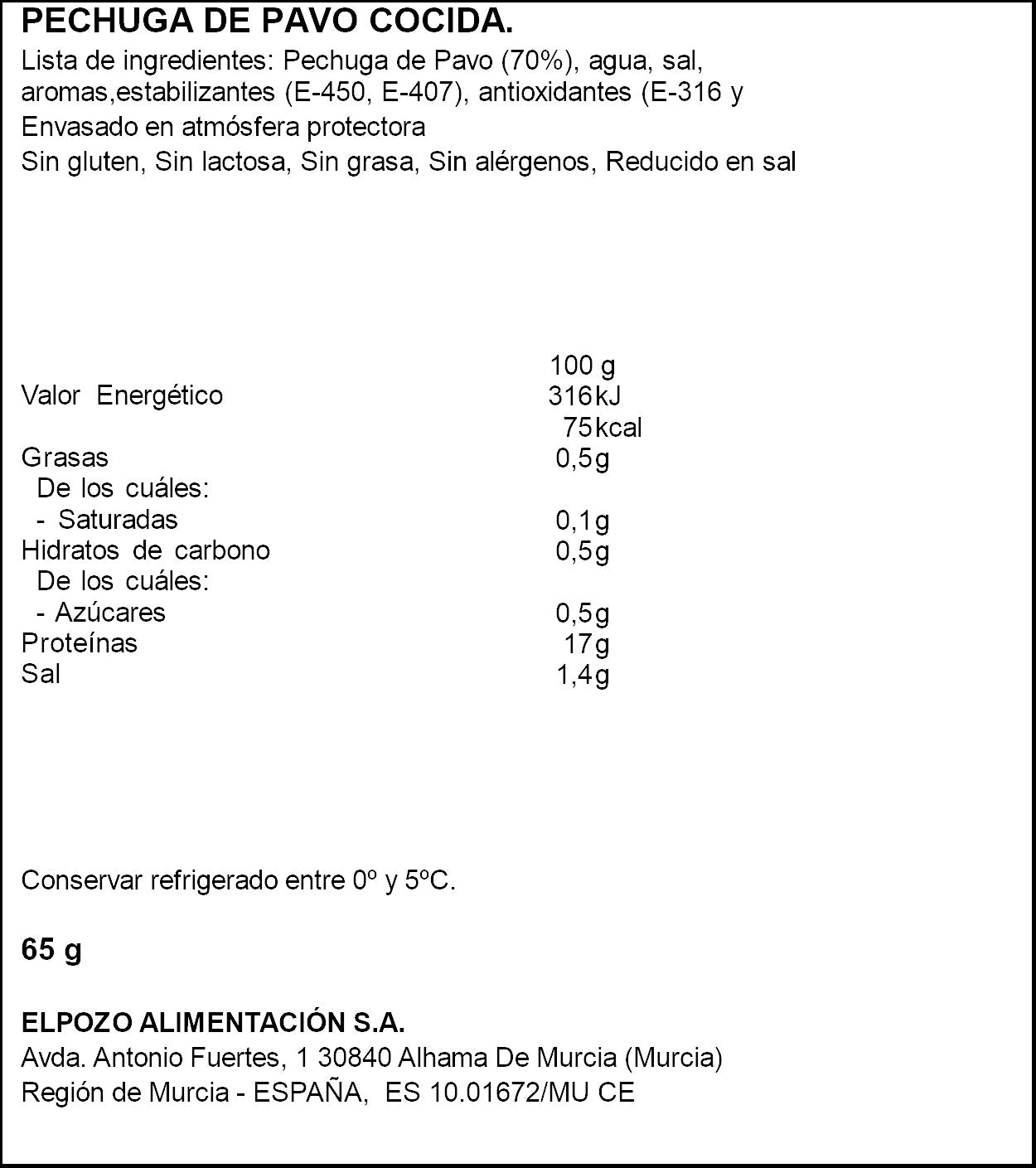 Pechuga pavo s/grasa r/sal fina lonch El pozo 75g