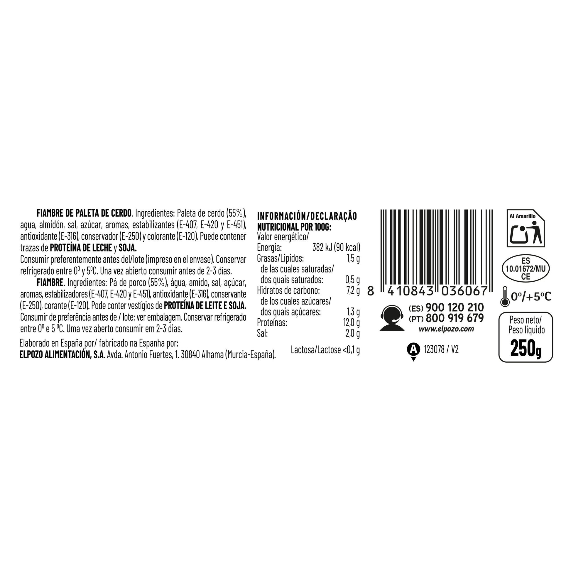 Jamón york lonchas bajo grasa s/lactos sandw El pozo 250g