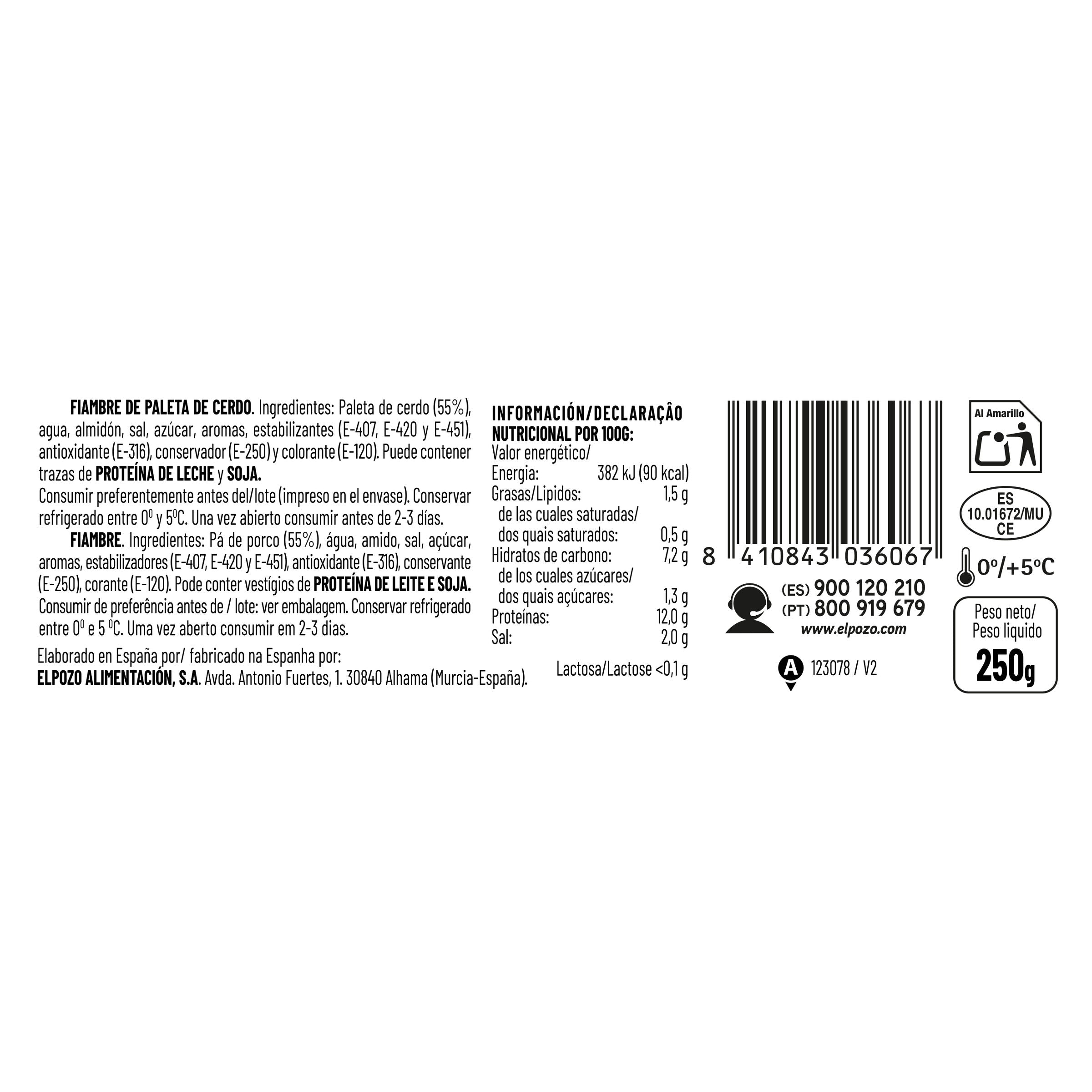 Jamón york lonchas bajo grasa s/lactos sandw El pozo 250g