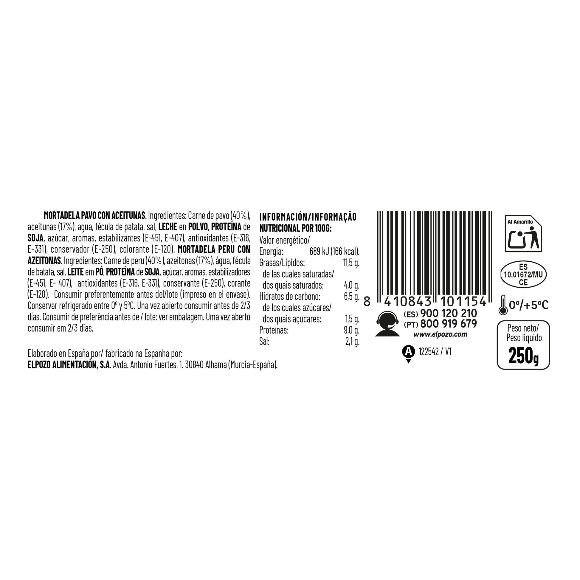 Mortadela pavo c/aceituna lonchas El pozo 250g