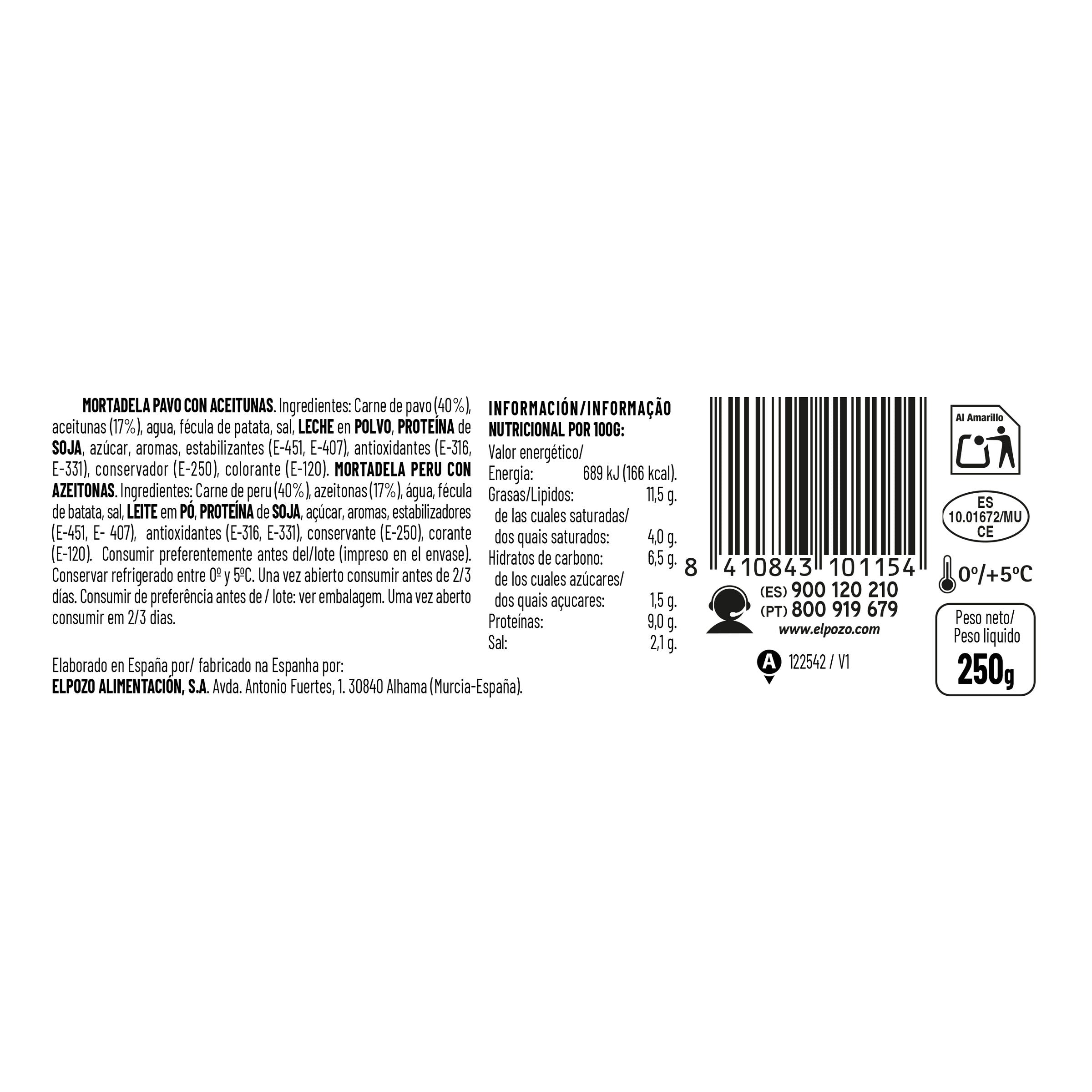 Mortadela pavo c/aceituna lonchas El pozo 250g