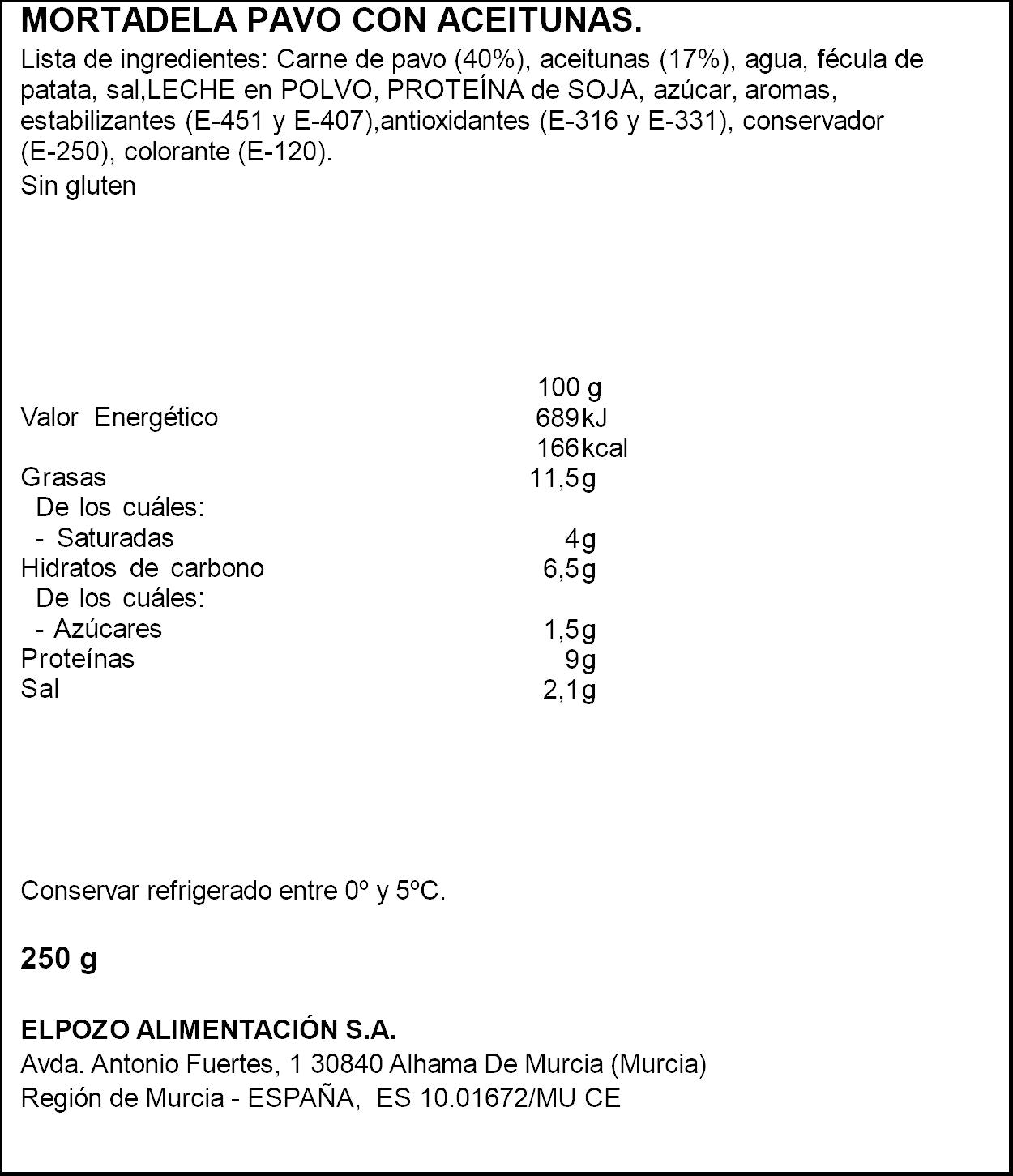 Mortadela pavo c/aceituna lonchas El pozo 250g