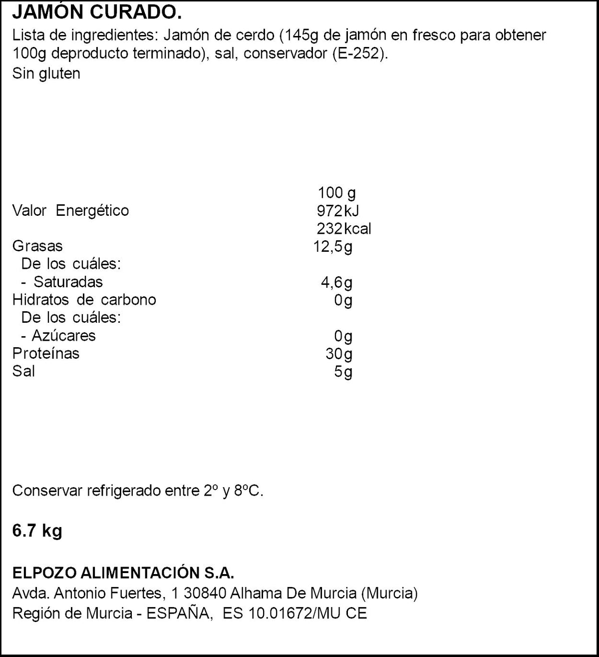 Jamón gran reserva 15 meses El pozo  centro kg
