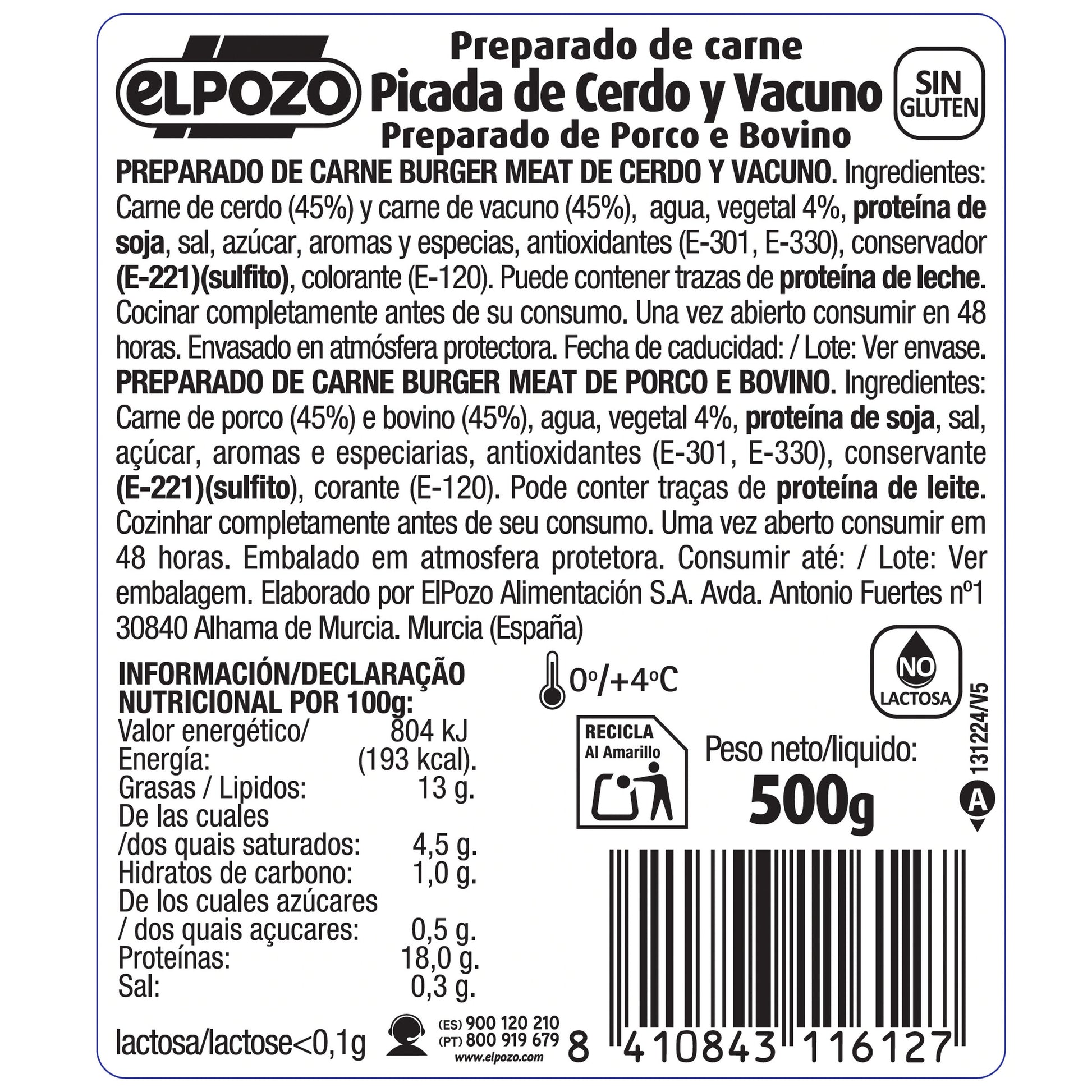 Burger meat picada mixta vacuno y cerdo 500g El pozo