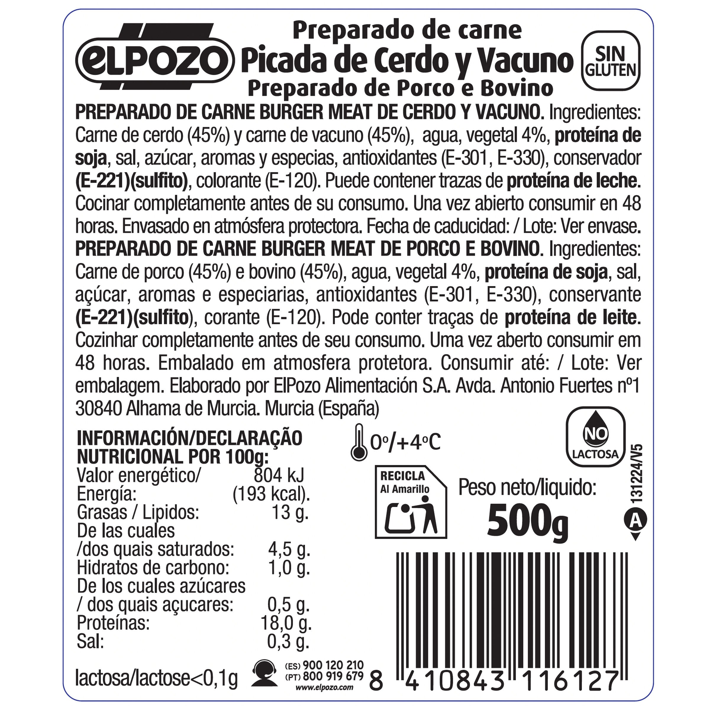 Burger meat picada mixta vacuno y cerdo 500g El pozo
