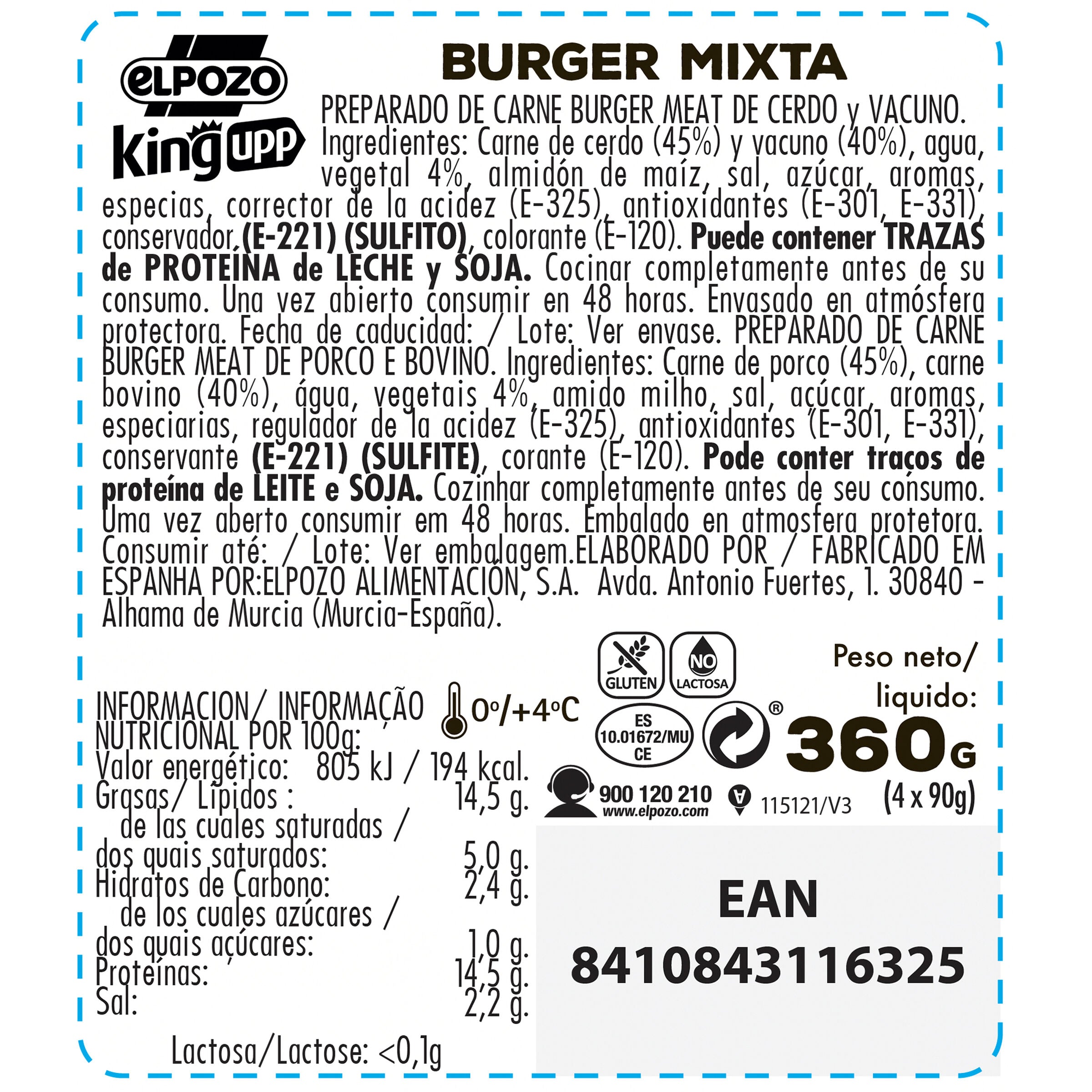 Burger meat hamburguesa mixta cerdo y vacuno 360g El pozo