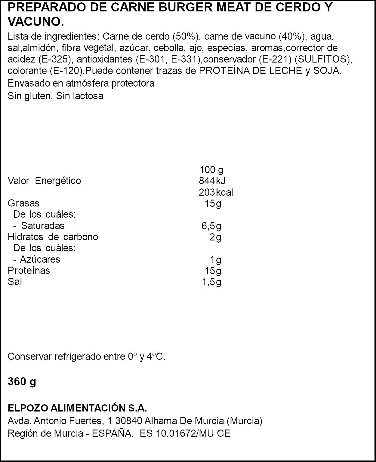Burger meat hamburguesa mixta cerdo y vacuno 360g El pozo