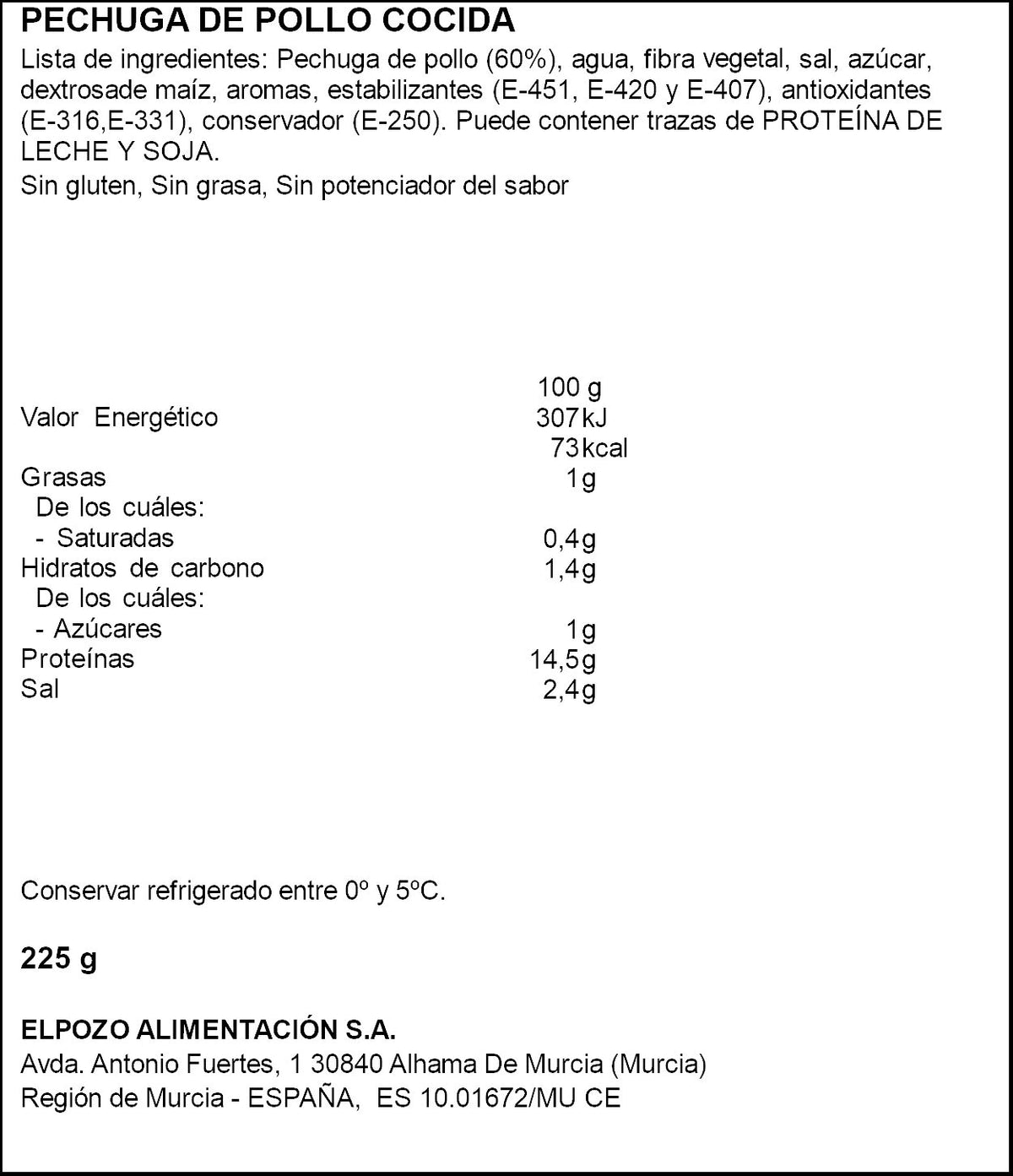 Pechuga pollo bajo en grasa loncha El pozo 225g
