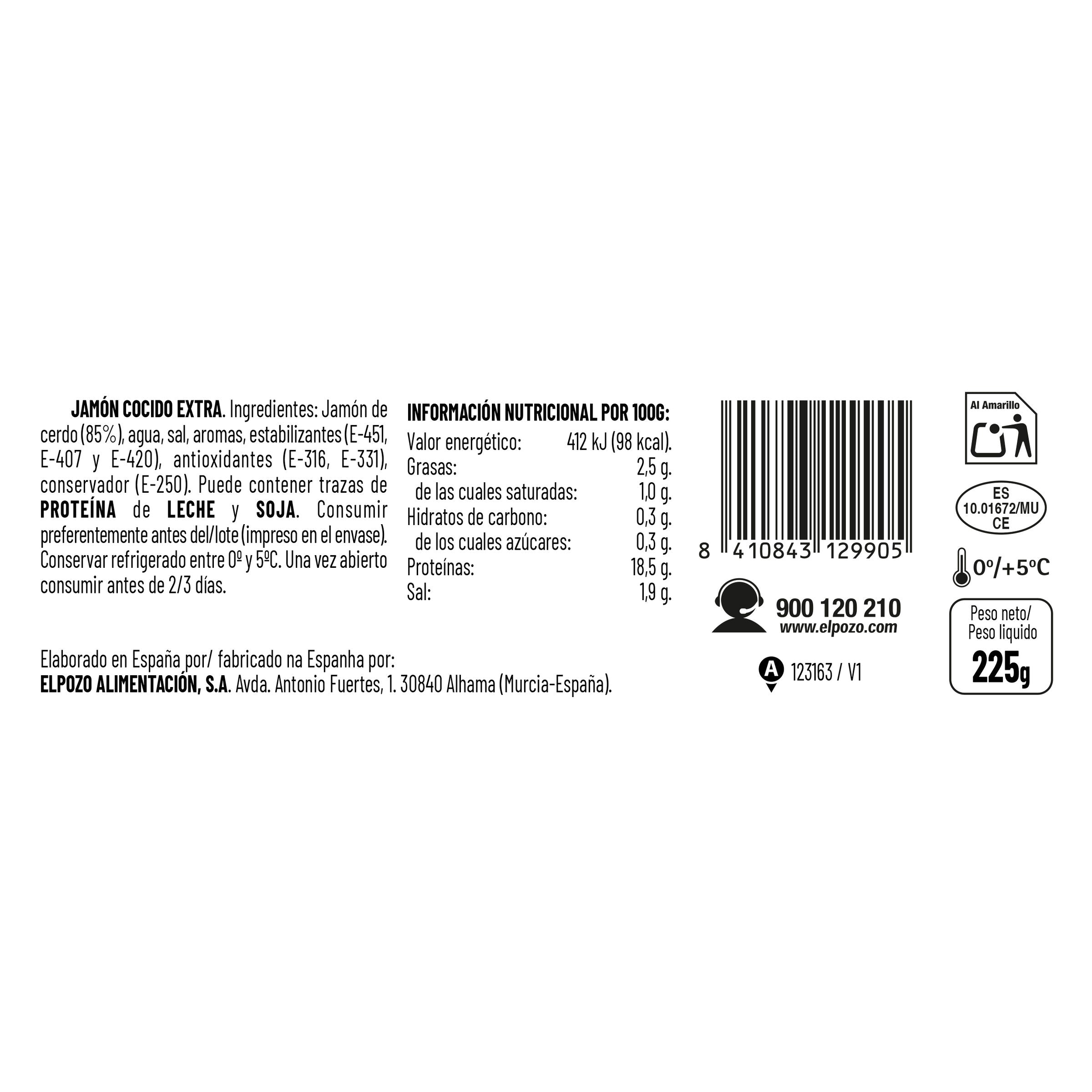 Jamón cocido extra bajo grasa lonchas El pozo 225g