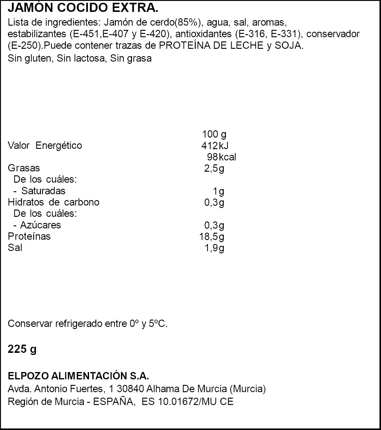 Jamón cocido extra bajo grasa lonchas El pozo 225g