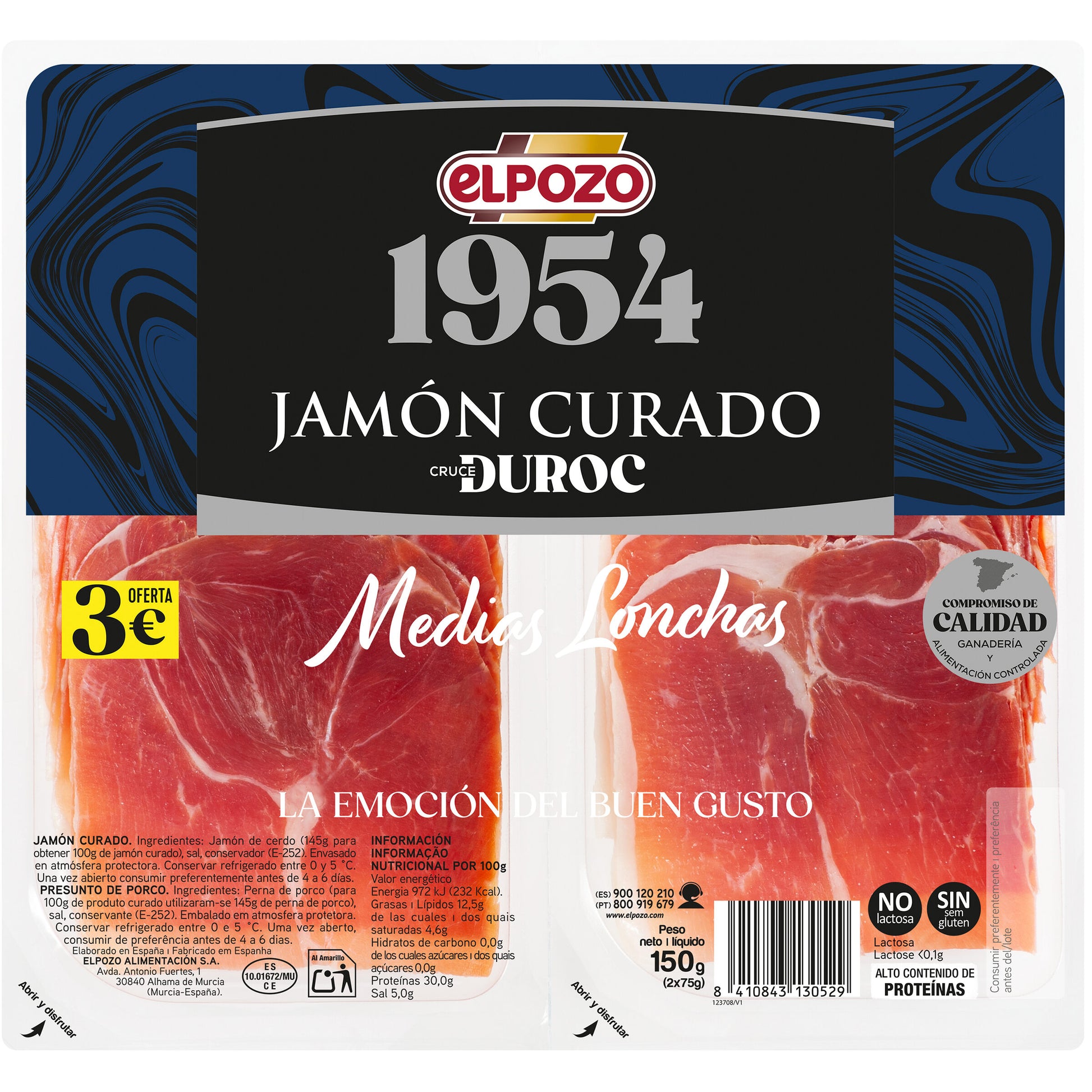 Jamon curado duroc 1954 medias lonchas El pozo p2 75g/u