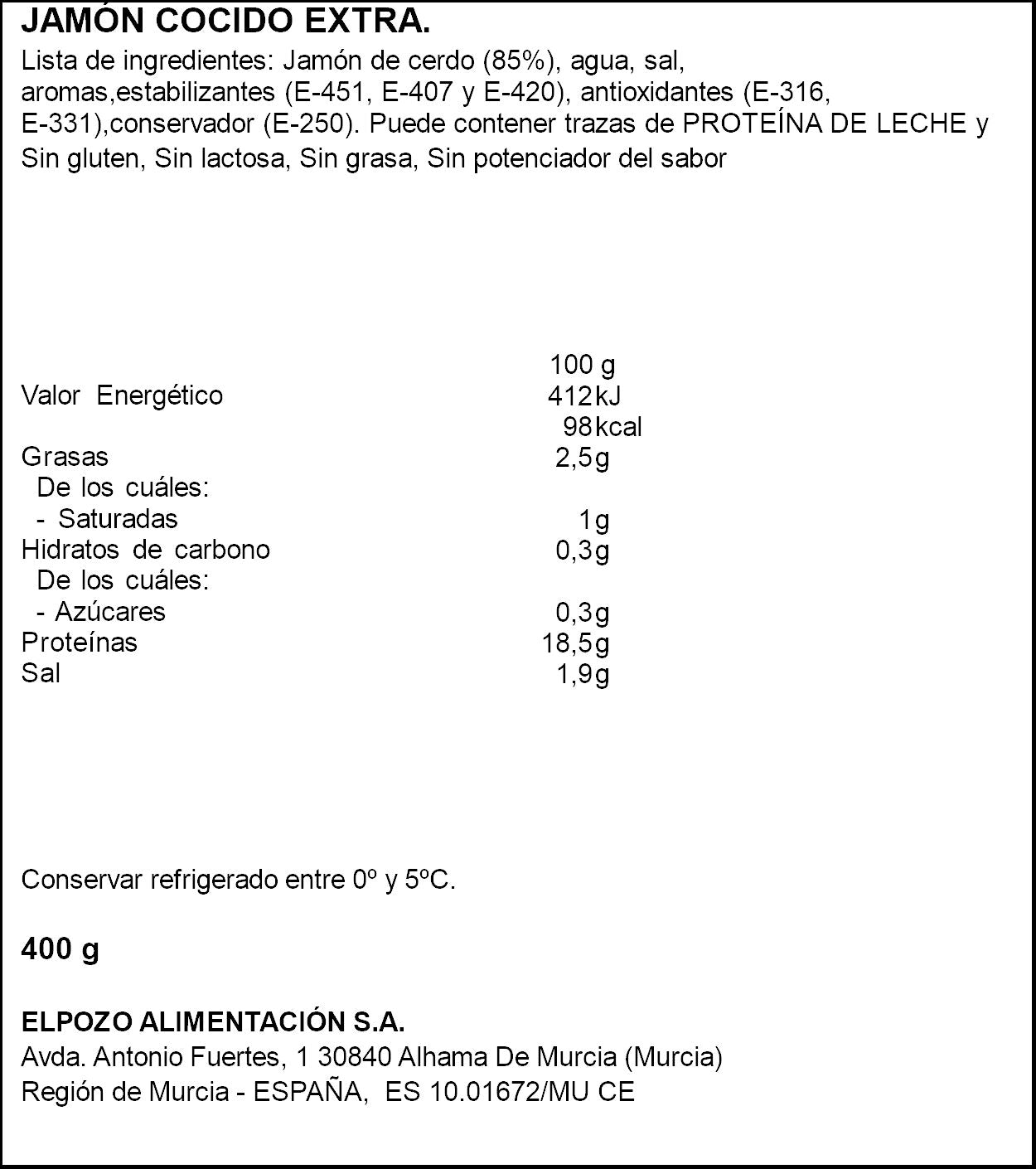 Jamon cocido finas lonchas family El pozo p2 225g/u