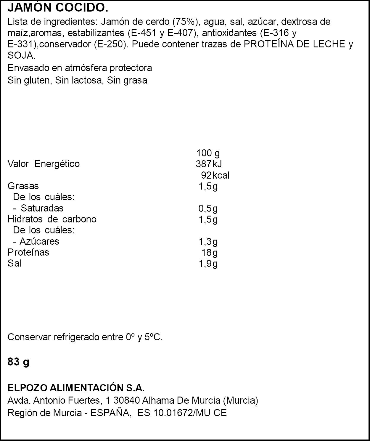 Jamón cocido lonchas clasico El pozo 80g