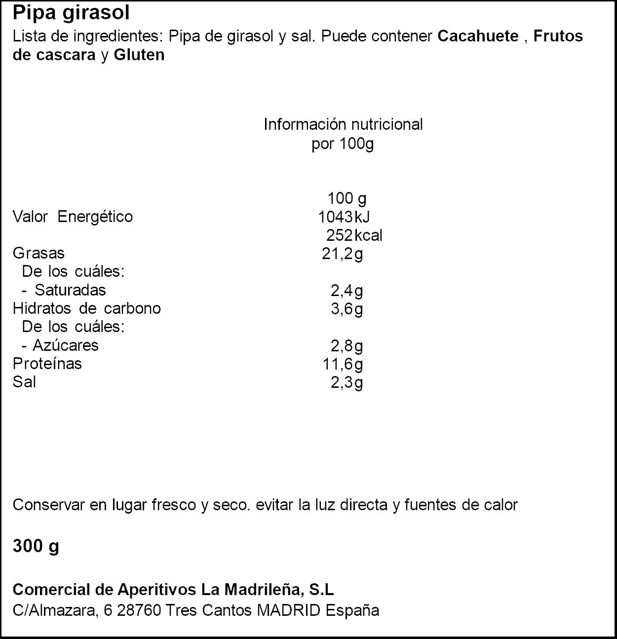 Pipas girasol tostada la Madrileña 275g