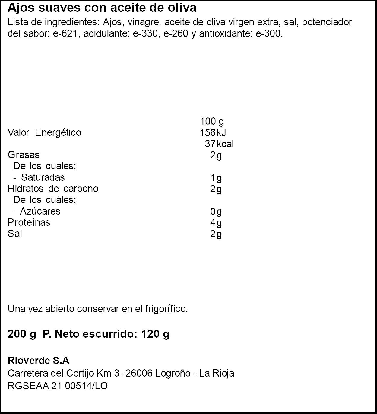 Ajo aceit oliva suave cristal Rioverde 120g escurr