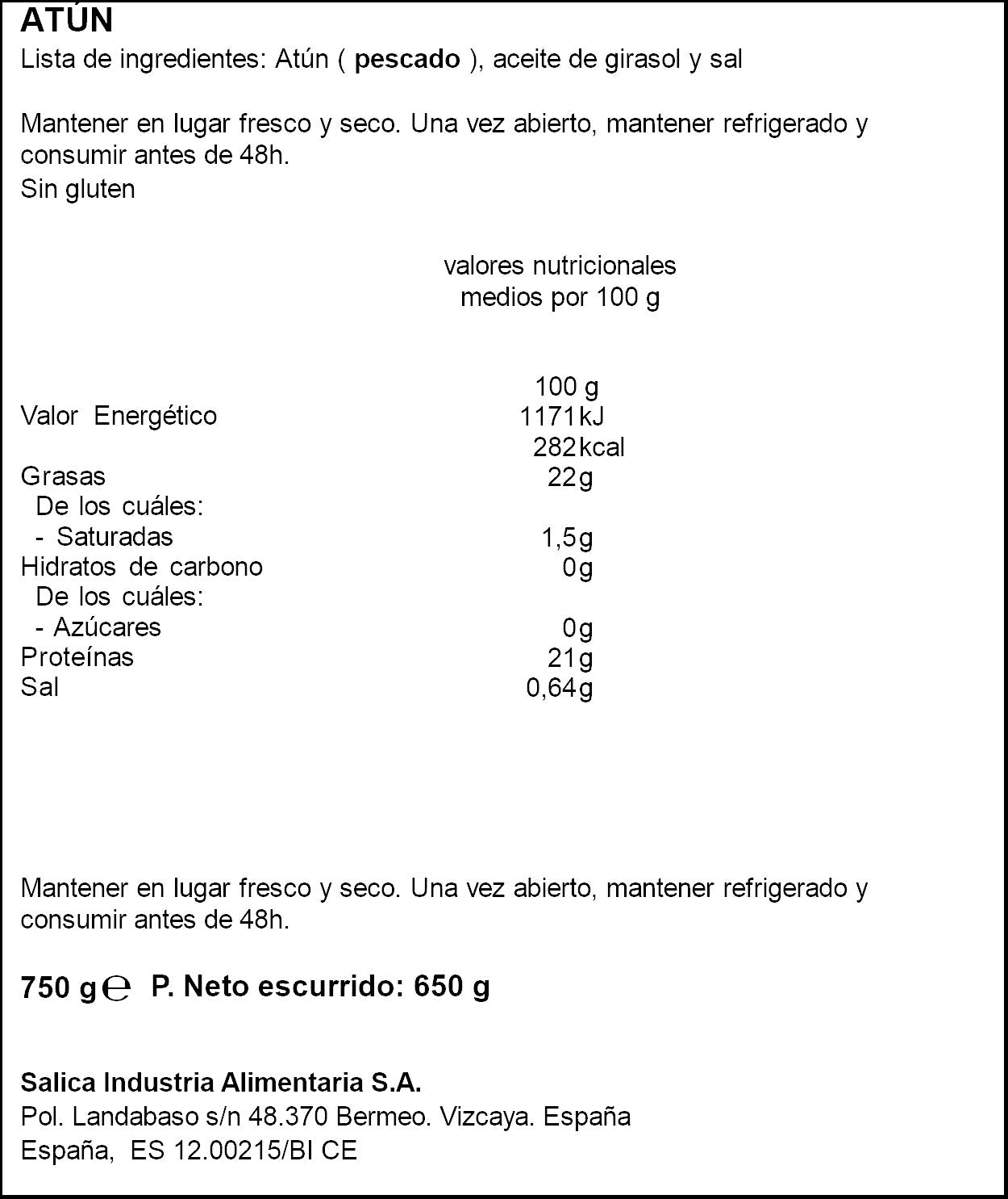 Atun aceite girasol lata Campos 650g escurr
