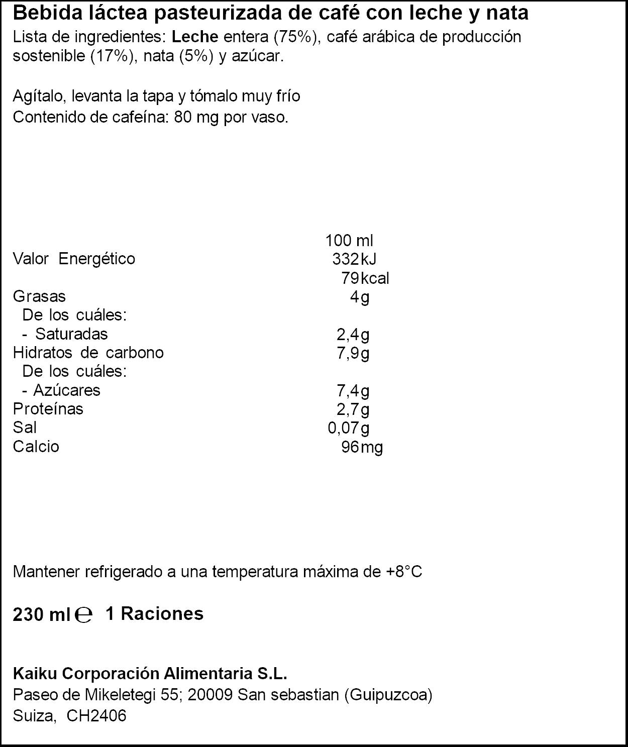 Café latte c/ crema machiatto Kaiku 230ml