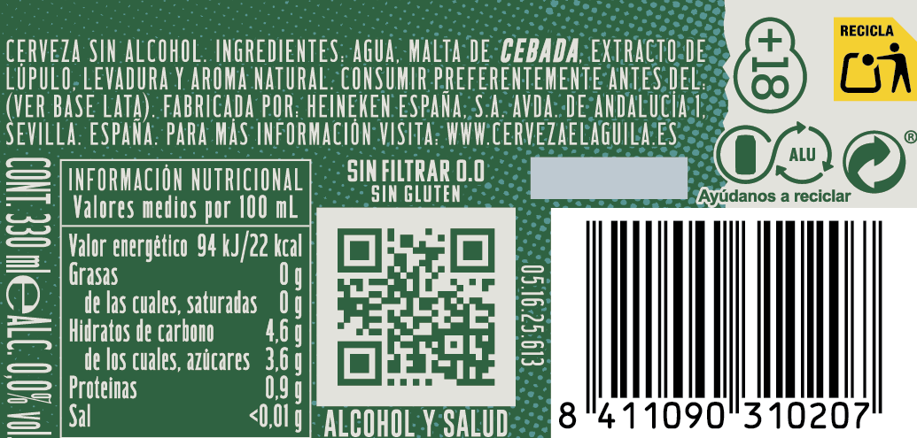 Cerveza s/ filtrar 0.0 s/gluten  lata Aguila 33cl