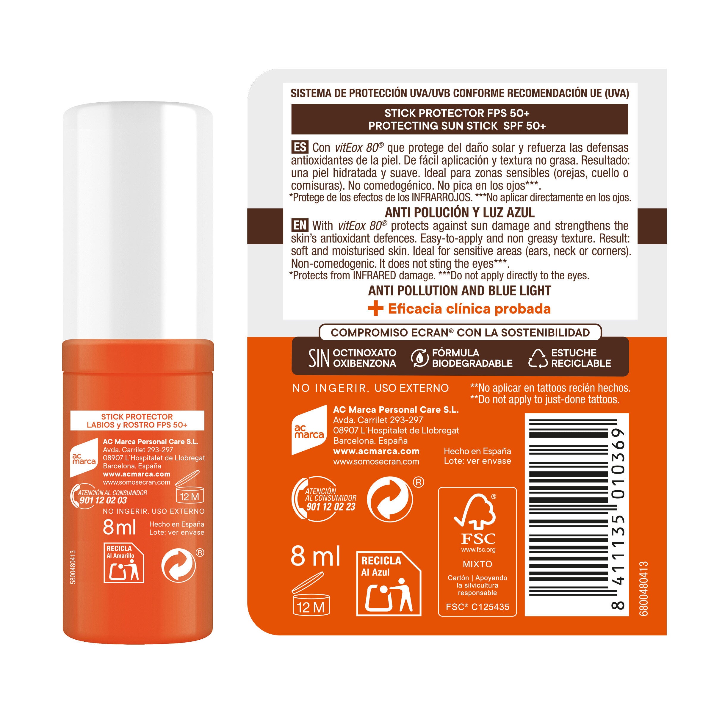 Protector solar stick labios y rostro Ecran 8ml