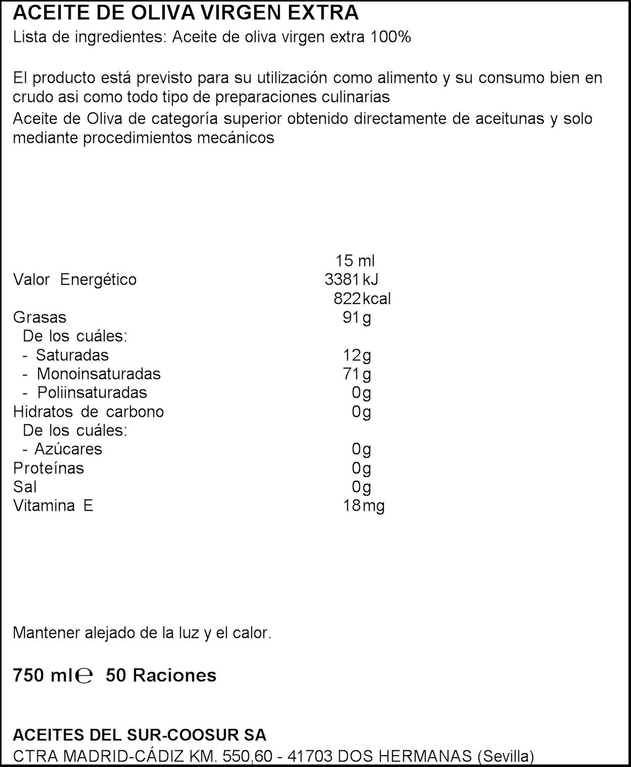 Aceite oliva virgen extra cristal Coosur 750ml