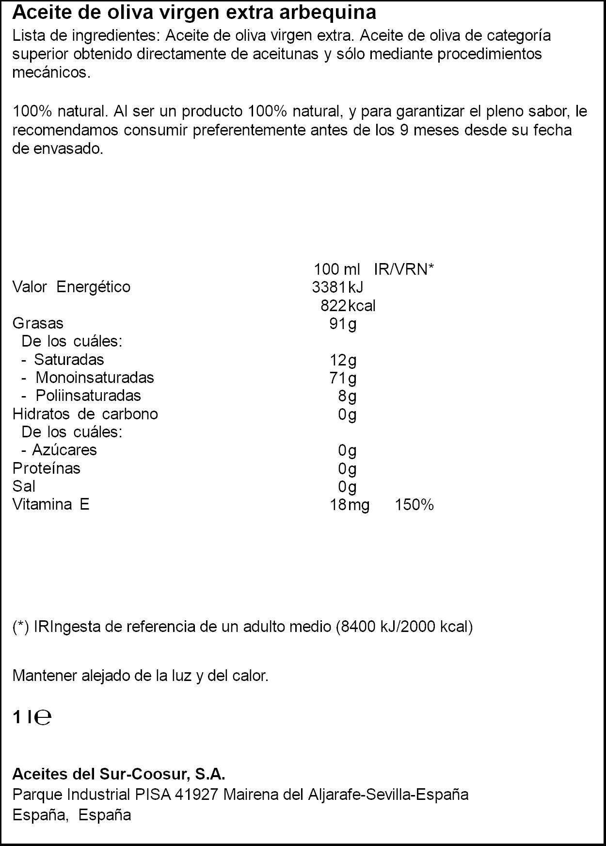 Aceite oliva virgen extra arbequina Coosur 1l