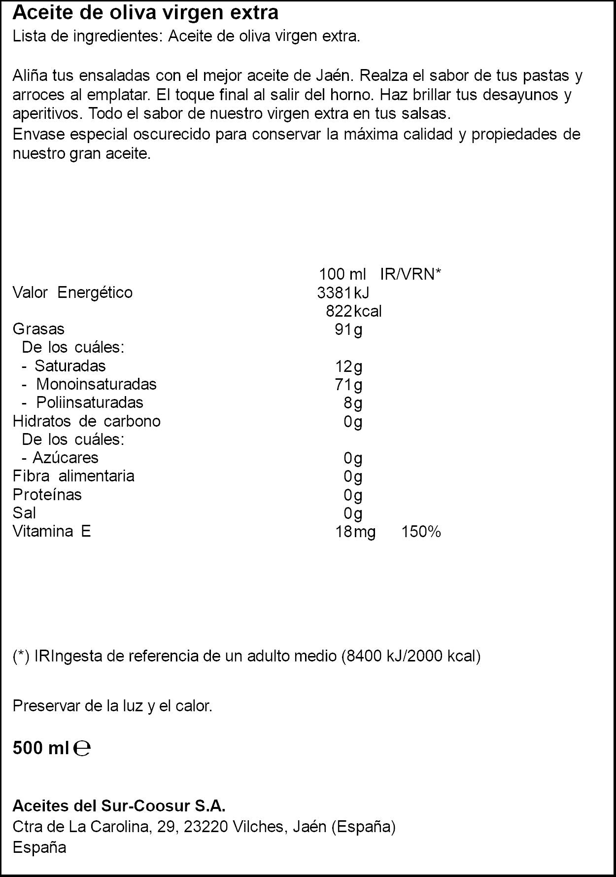 Aceite oliva virgen extra squizz Coosur 500ml