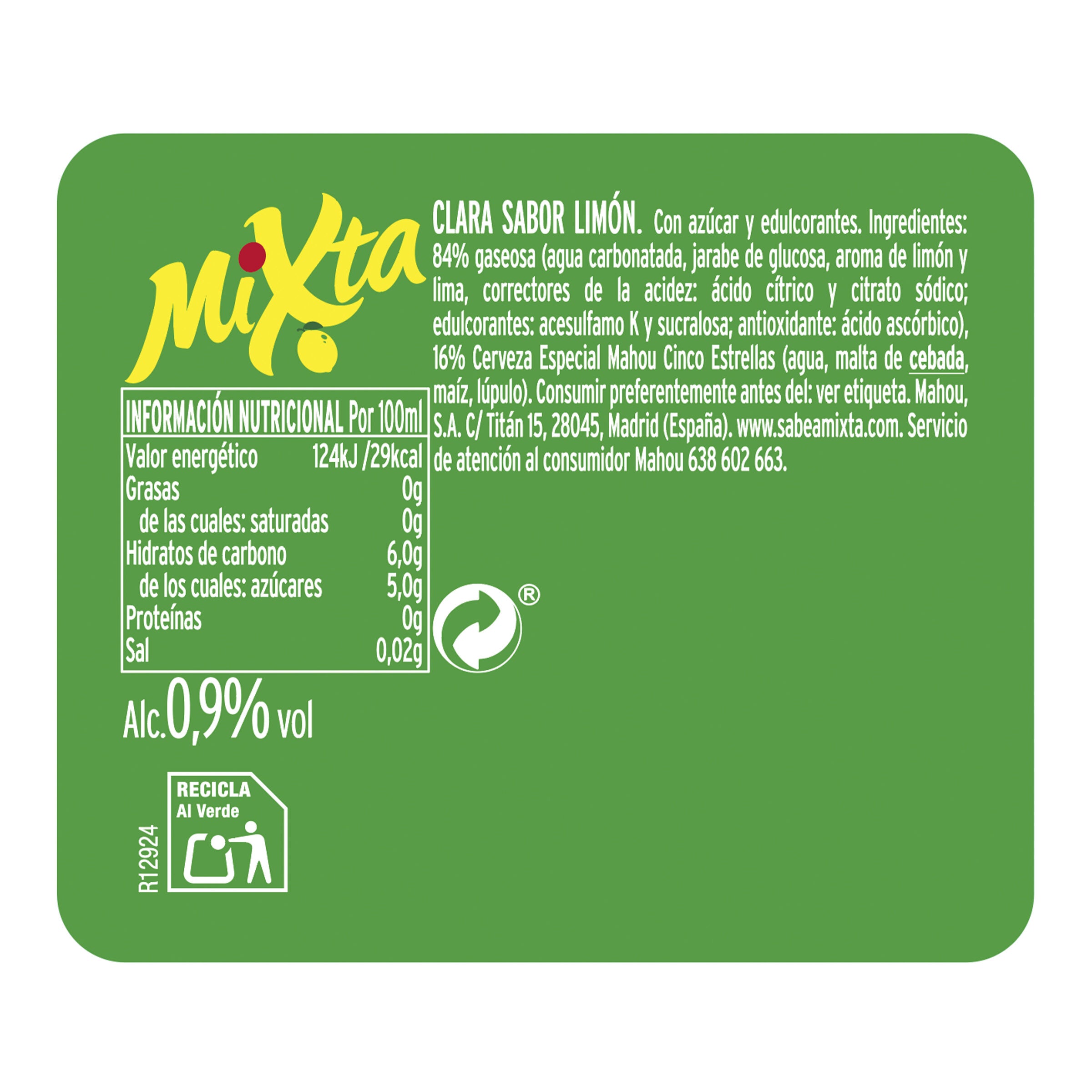 Cerveza limón mixta cristal Mahou p6 25cl/u