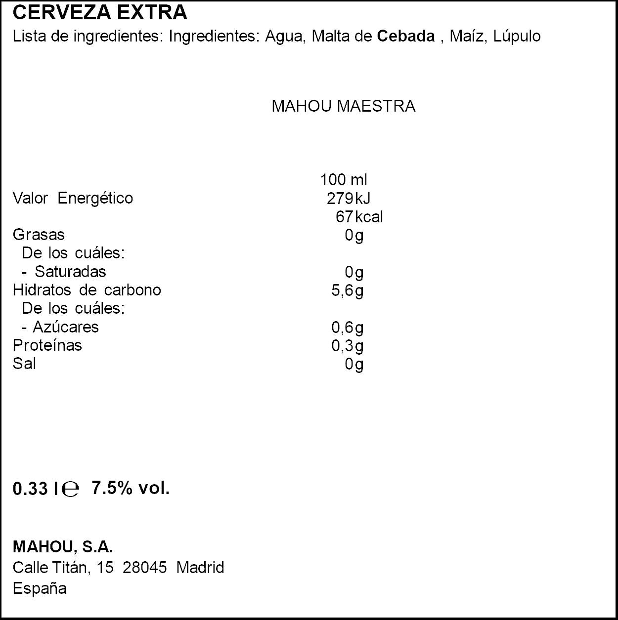 Cerveza tostada maestra cristal Mahou 330ml