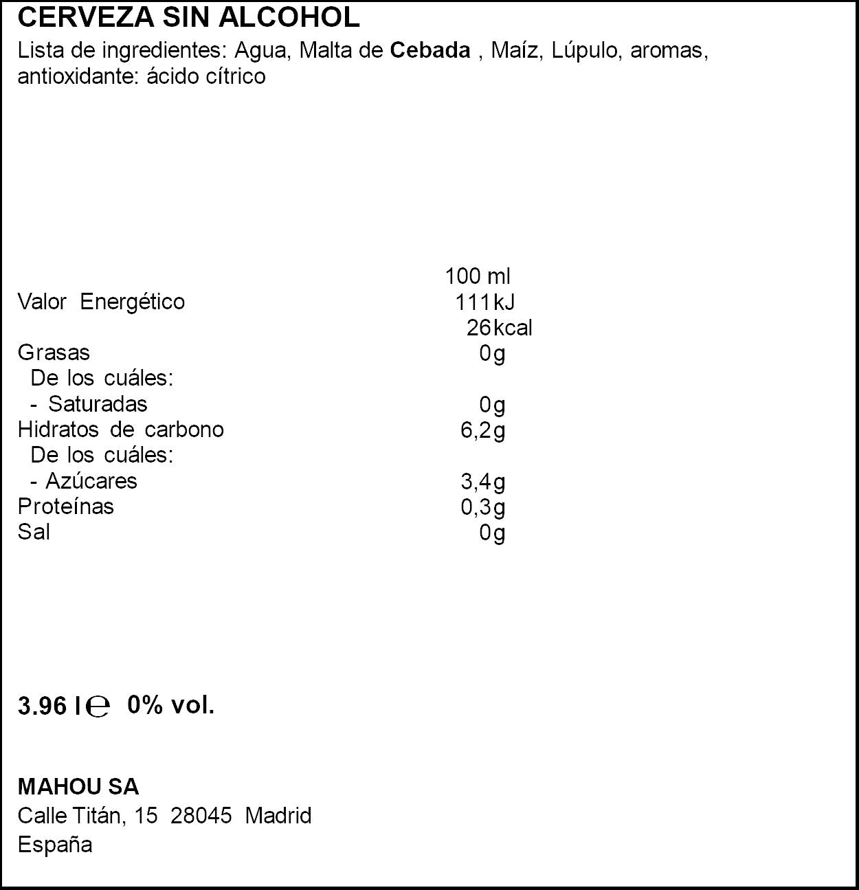 Cerveza tostada 0.0 lata Mahou p12 330ml/u