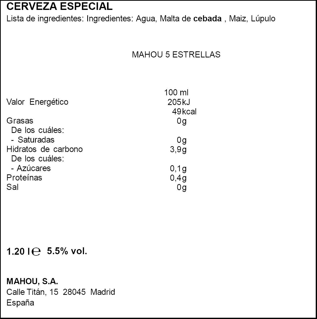 Cerveza 5 estrellas cristal Mahou p6 20cl/u
