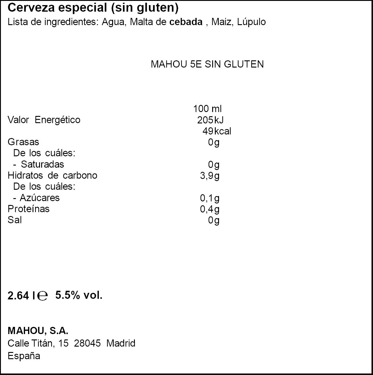 Cerveza s/gluten 5 estrellas lata Mahou 330ml