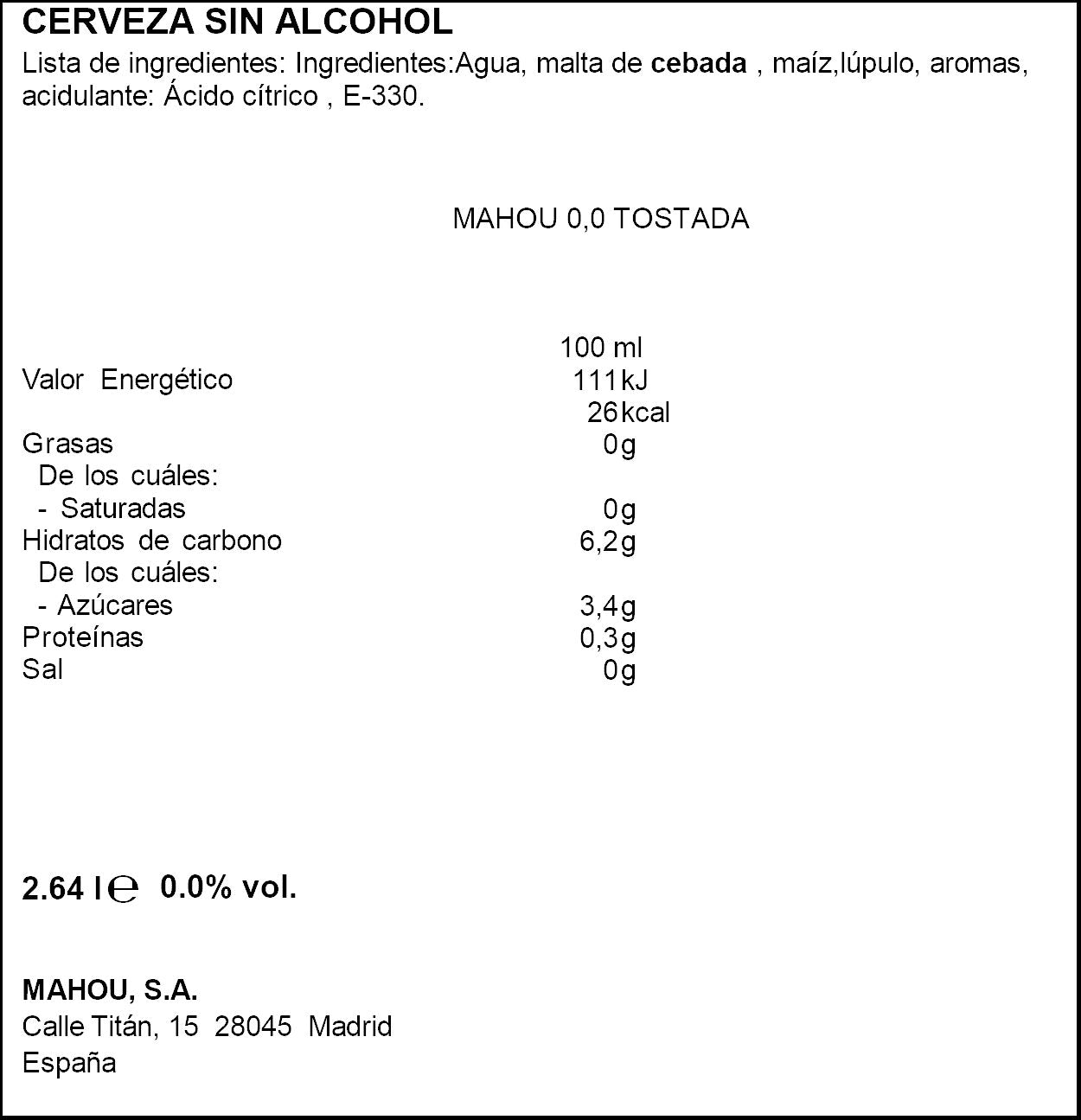 Cerveza tostada 0.0  lata Mahou 330ml