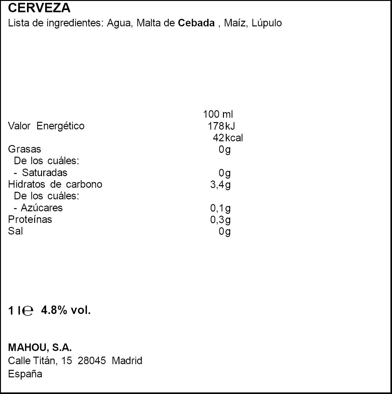 Cerveza clásica cristal Mahou 1l