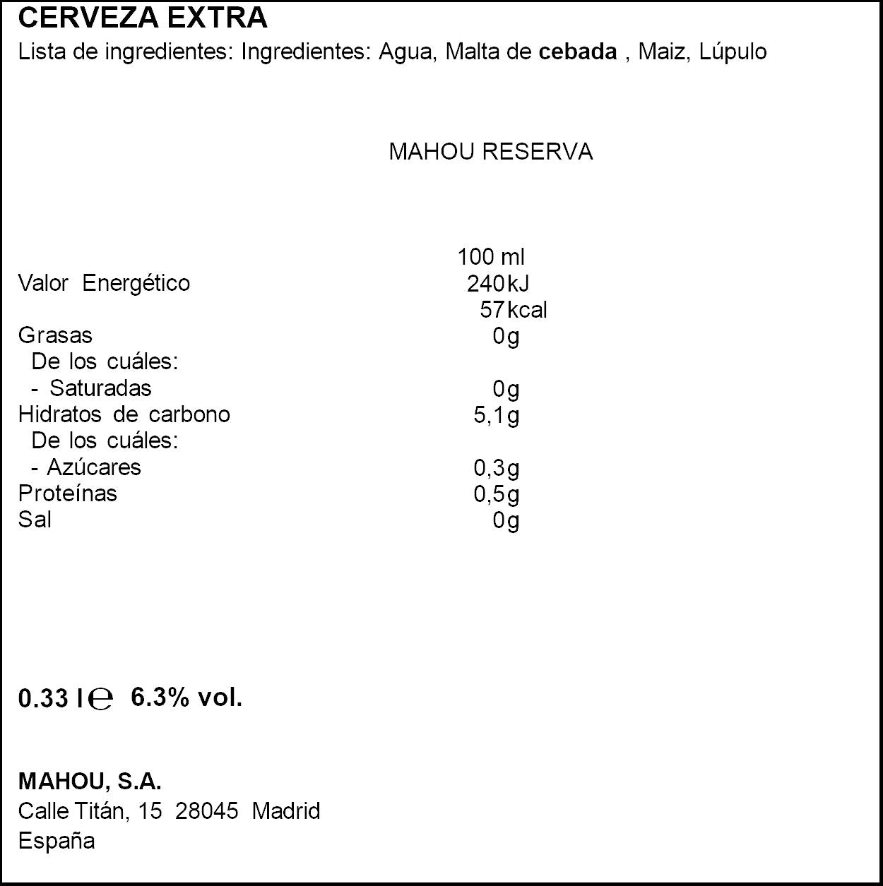 Cerveza reserva cristal Mahou 33cl